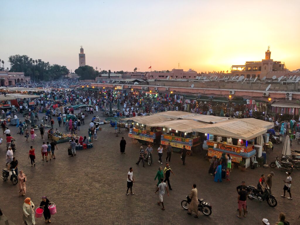 Jemma el-Fna, the main square at sunset