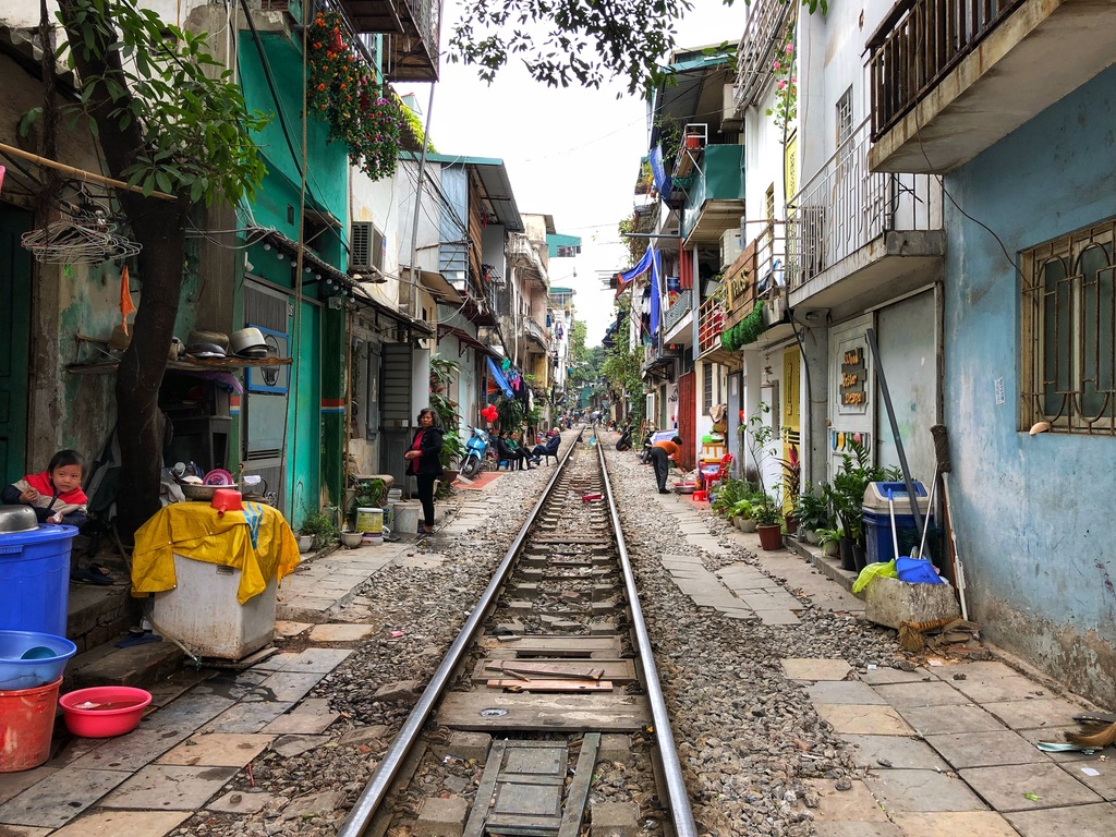 Walking along the train tracks on Train Street, Hanoi 