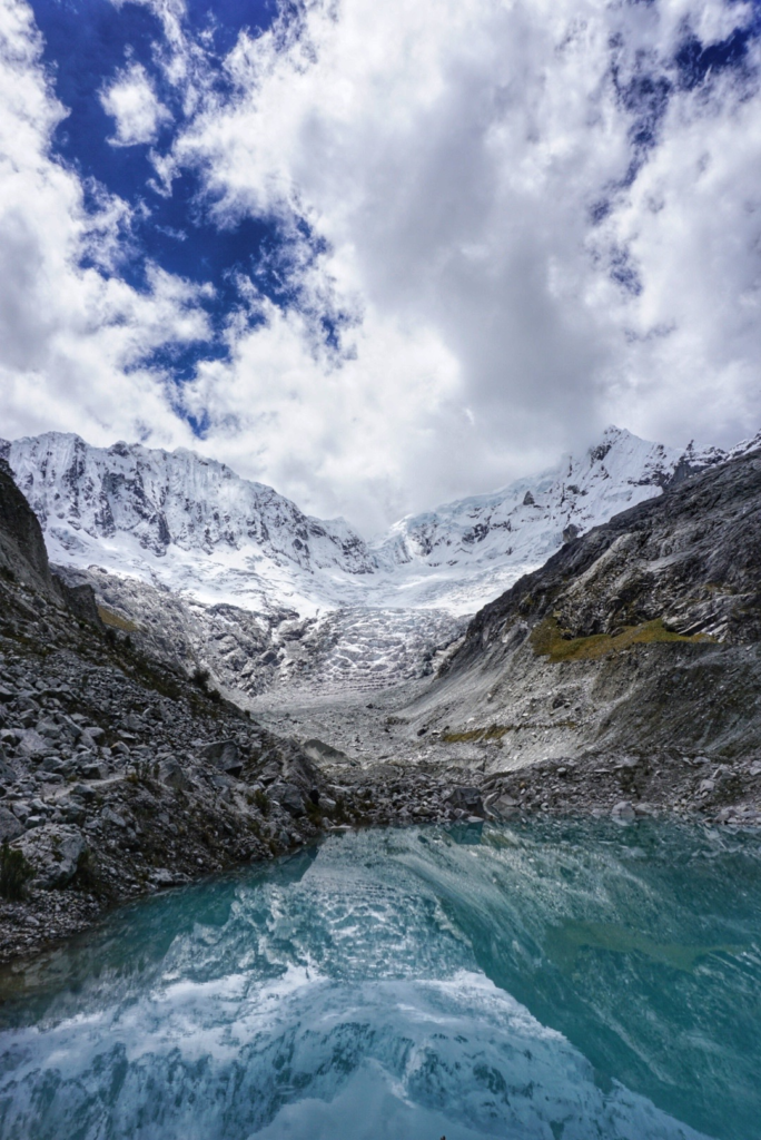 A close up view of the snow capped peaks and glacier at Laguna Llaca