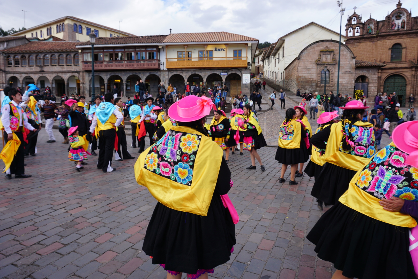 Local Peruvians parading and dancing in the main square in Cusco.