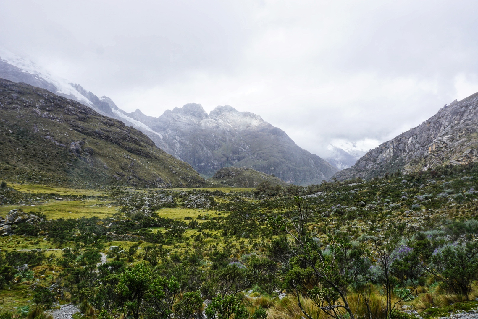 The Laguna 69 trail begins in a scenic and colorful valley