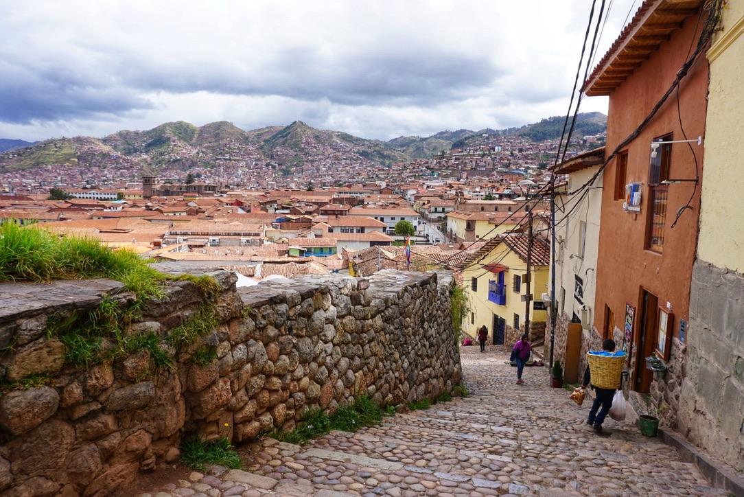 View of the traditional Inca stone lined streets in Cusco