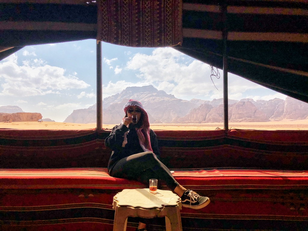 Drinking mint tea in a Bedouin tent in the Wadi Rum desert