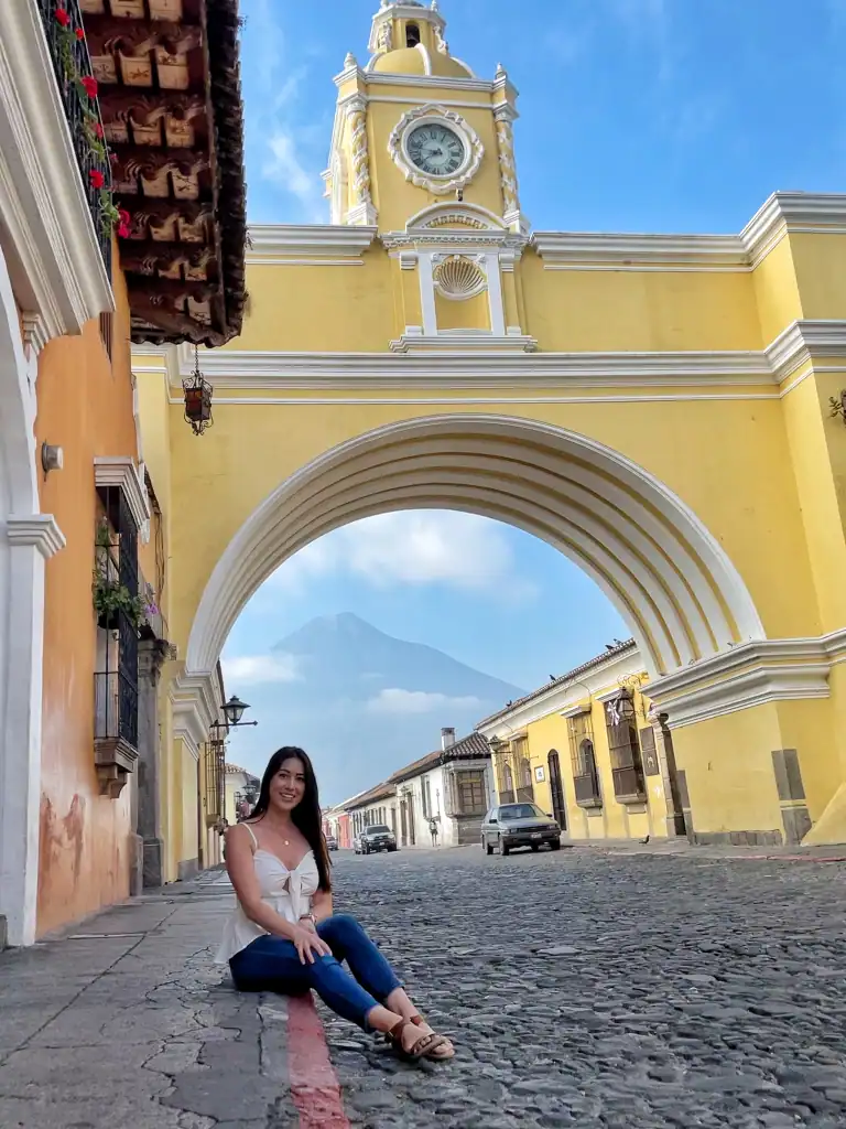 Santa Catalina Arch framing a volcano in Antigua, Guatemala