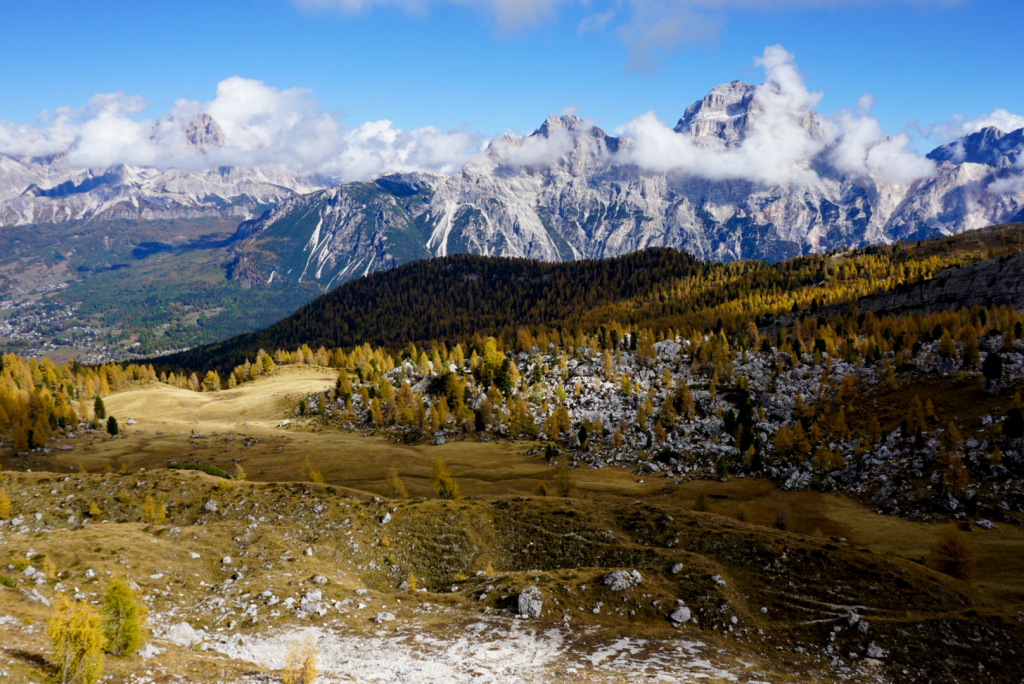 A scenic mountain hiking trail in Cortina d'Ampezzo, Italy