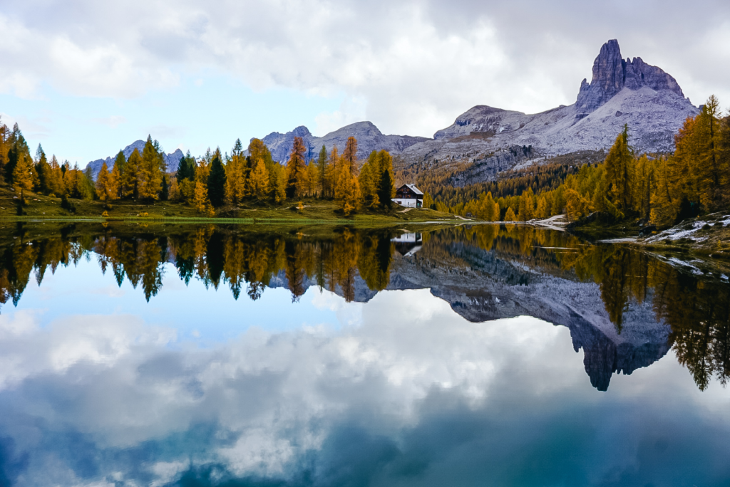 Lago Federa with a reflection of the mountains and scenery in the Dolomites, Italy