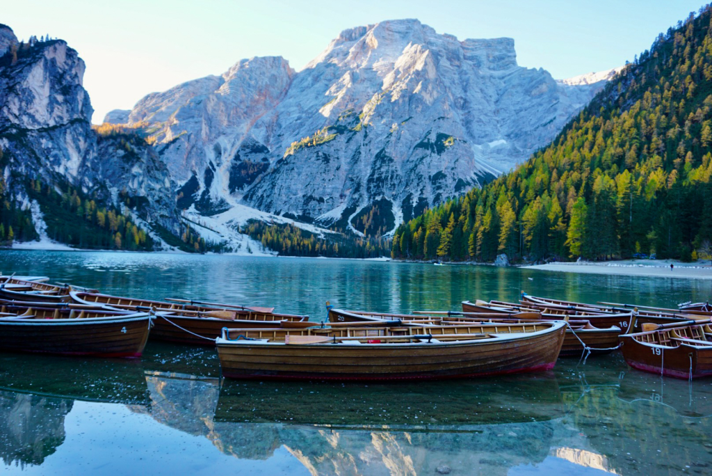 Wooden rowboats at Lago di Braies, Italy