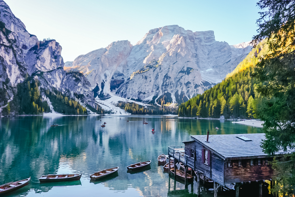 Lago di Braies at sunrise in the Dolomites, Italy