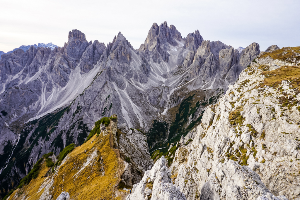 Jagged mountain peaks from a hiking trail in the Dolomites, Italy