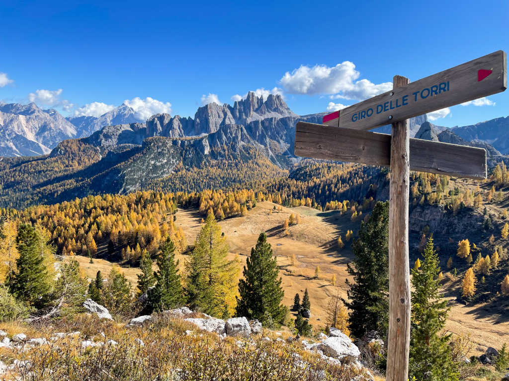 Fall colors and mountain views from the Cinque Torri trail in Cortina d'Ampezzo, Italy
